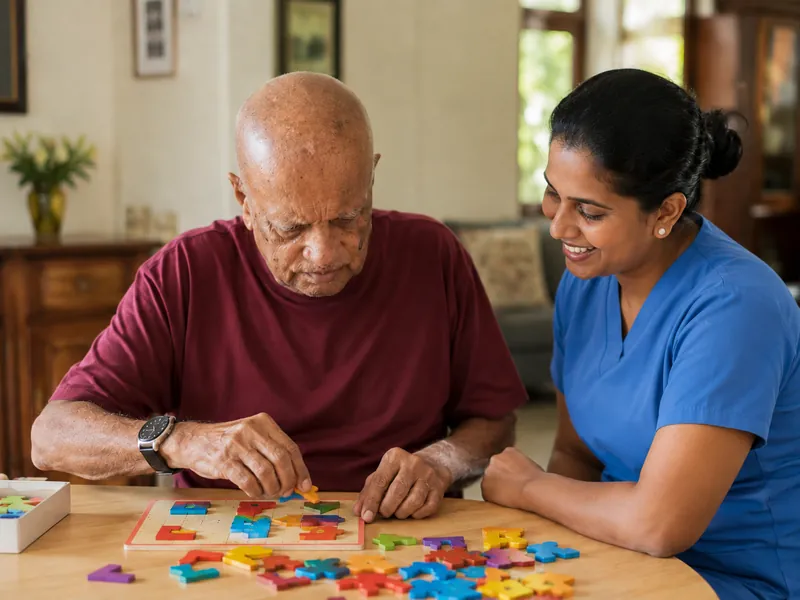 A caregiver guiding a resident through a cognitive puzzle activity
